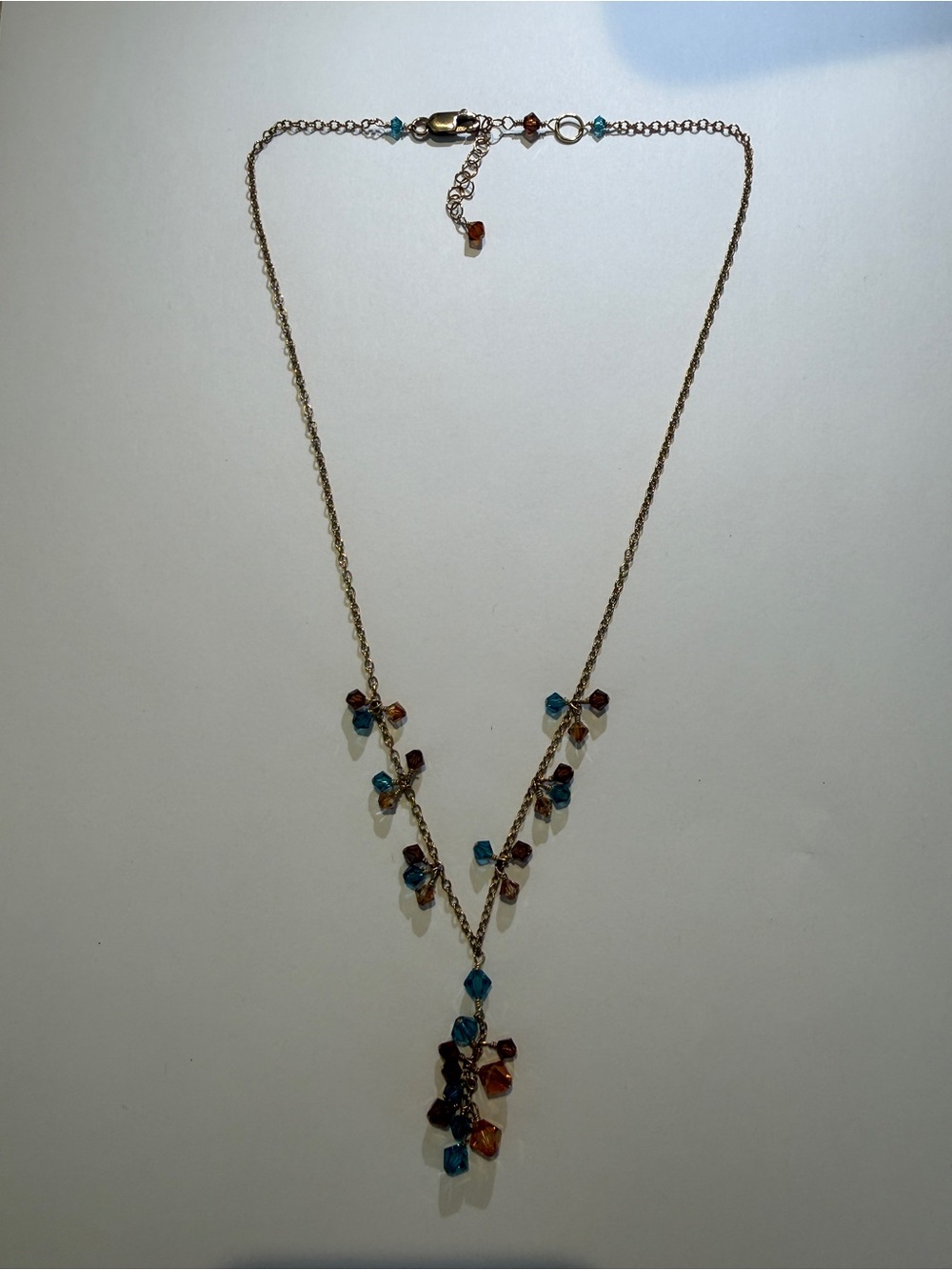 Delicate Gold-tone Necklace with Blue and Amber Crystal Drops - 17-19” length